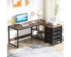 Tribesigns Bureau - Hoekbureau - 150x110x75cm - Zwart / Vintage Bruin - Bureau met 4 opbergladen