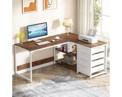 Tribesigns Bureau - L-Vormig Game Bureau met 4 Laden - 150 x 110 x 75cm - Bureau met Legplanken - Gaming Desk - Computer Tafel - Gaming Tafel - Bureau voor Gamen, Studeren en Werken - Wit / Okkernoot