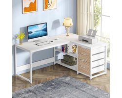 Tribesigns Bureau - L-Vormig Game Bureau met 4 Laden - 150 x 110 x 75cm - Bureau met Legplanken - Gaming Desk - Computer Tafel - Gaming Tafel - Bureau voor Gamen, Studeren en Werken - Wit