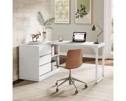 TRIBESIGNS Bureau - L-Vormige Computer Bureau met Laden en Planken - Computerbureau - Omkeerbare Witte Hoek Bureau met Opbergkast - Bureautafel voor Thuiskantoor - 100 x 45 x 75 cm - Wit