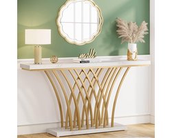 Tribesigns Console Tafel - Bijzettafel - Sidetable Morden met Metalen Basis in Roostervorm - Metalen Frame - Wit Goud - 150 x 30 x 80 cm