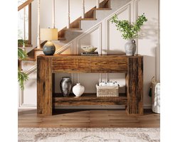 Tribesigns Consoletafel met 2 Laden - Rustieke Bruine Sidetable - Hout - 140 x 30 x 85 cm - Smalle Consoletafel met 2 Niveaus voor Hal, Woonkamer, Entree