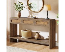 Tribesigns Consoletafel met 3 Rotan Lades - Dressoirtafel - Industrieel - Bijzettafel - MDF - Bruin - 140 x 30 x 82.5 cm