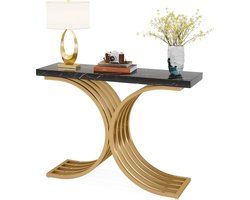 TRIBESIGNS Consoletafel - Sidetable met C-vormige gouden metalen poten - Haltafel - Wandtafel - 100x30x80 cm - Goud / Zwart - Metaal / Hout - Modern - Console Tafel