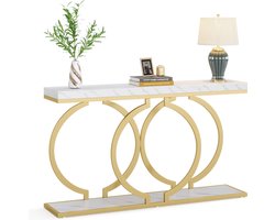 TRIBESIGNS Consoletafel - Sidetable met O-vormige gouden metalen poten - Haltafel - Wandtafel - 140x30x80 cm - Goud / Wit - Metaal / Hout - Modern - Console Tafel