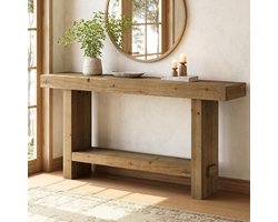 Tribesigns Consoletafel van Massief Hout - Sidetable - Hout - Bruin - Industrieel - 160 x 30 x 80 cm - 2 Laags Smalle Landelijke Woonkamertafel voor Entree, Hal, Woonkamer