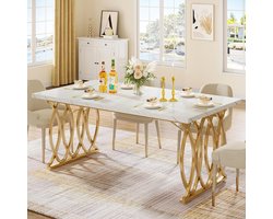 Tribesigns Eettafel - Keukentafel - 160 x 80 x 75 cm - Eetkamertafel Voor 6 Personen - met Imitatiemarmeren Tafelblad en Geometrische Poten - Modern Design - Wit en Goud