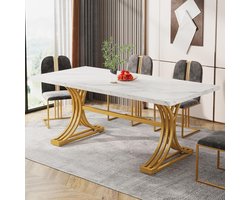 TRIBESIGNS Eettafel - Keukentafel - 160 x 80 x 75 cm - Eetkamertafel Voor 6 Personen - met Stevige Metalen Poten - Modern Design - Wit en Goud