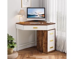 Tribesigns Hoekbureau - 70 x 70 x 80 cm - Driehoekig Computerbureau met 3 Lades - 90 Graden Schrijfbureau met Opbergruimte - Bruin / Wit
