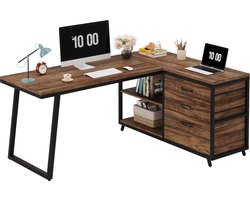 TRIBESIGNS Hoekbureau - Bureau - Game Bureau met 3 lades - Gaming bureau - L vormig bureau - Computertafel - Industrieel - Rustiek Bruin - 135 x 100 x 75 cm