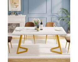 TRIBESIGNS Keukentafel - Eettafel - 140 x 80 x 75 cm - Eetkamertafel Voor 4-6 Personen - met Goudkleurige Metalen Poten - Modern Design - Wit en Goud