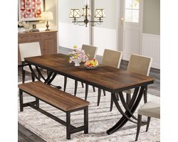 TRIBESIGNS Keukentafel - Eettafel - 200 x 70 x 75 cm - Eetkamertafel Voor 6-8 Personen - met Stevige Metalen Poten - Industrieel Design - Vintage - Rustiek Bruin