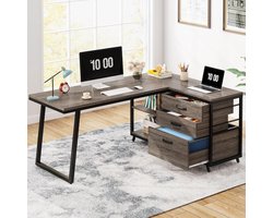 Tribesigns L-vormig Bureau - Computerbureau met 3 Lades - Omkeerbaar Hoekbureau met Planken - Bureau Houten Tafel voor Studeerkamer, Schrijftafel, Werkplek - 135 x 100 x 75 cm - Grijs
