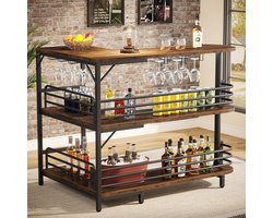 Tribesigns L-vormige Bartafel - 3-laags Drankbistrotafel met Plank, Wijnrek en Wijnglazenhouder - Industriële Hoekkeukentafel - voor Woonkamer - keuken - Industrieel Design - Rustiek Bruin