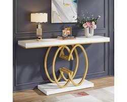 TRIBESIGNS - Modern Console Tafel - Dressoirtafel Met Geometrische Metalen Poten - Bijzettafel - Nep-Marmer/Metaal - Wit/Goud -140 x 35 x 80 cm