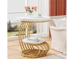 Tribesigns Moderne Ronde Bijzettafel - 2-laags Imitatiemarmeren Salontafel op Stevig Metalen Frame - Wit en Goud - Woonkamertafel, Kleine Tafel voor Woonkamer Slaapkamer