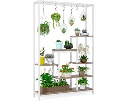 TRIBESIGNS Plantenrek - Plantenstandaard - Plantenrek voor binnen - Plantenrek met 5 niveaus en 10 S-haken - Wit/Grijs - 100 x 30 x 180 cm