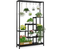 TRIBESIGNS Plantenrek - Plantenstandaard - Plantenrek voor binnen - Plantenrek met 5 niveaus en 10 S-haken - Zwart - 100 x 30 x 180 cm