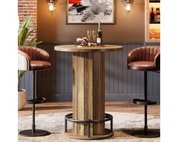 Tribesigns Ronde Bartafel – Industriële Bartafel - 79 x 79 x 100 cm - Houten Bistrotafel met Metalen Ringvoetsteun voor Dineren, Koffie Drinken - Bruin(Alleen Tafel)