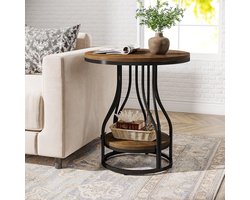 TRIBESIGNS Ronde Bijzettafel - 2-Tier Eindtafels - Nachtkastjes met Opbergruimte - Tafel - Sidetable voor Woonkamer, Thuiskantoor - 50 x 50 x 60 cm - Bruin+Zwart