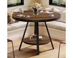 Tribesigns Ronde Eettafel - 90x90x75 cm - Eettafel met 2 Niveaus en Stabiele Metalen voet - Bruin - Keukentafe voor Eetkamer, Keuken, Woonkamer