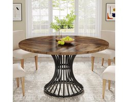 Tribesigns Ronde Eettafel - Keukentafel - 120 x 120 x 75 cm - Houten Eettafel Voor 4-6, Industriële Eettafel met Metalen Onderstel voor Keuken - Zwart en Bruin