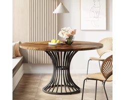 Tribesigns Ronde Eettafel - Keukentafel - 120 x 120 x 75 cm - Houten Eettafel Voor 4-6, Industriële Eettafel met Metalen Onderstel voor Keuken - Zwart en Bruin