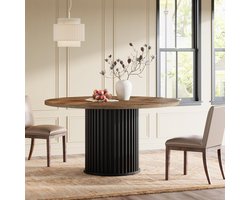 Tribesigns Ronde Eettafel - Keukentafel met Stevig Geribbeld Metalen Onderstel - 120 X 120 X 76.5 cm - Eetkamertafel Voor 4-6 Personen - Modern Eettafel - Bruin + Zwart