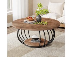 Tribesigns Ronde Salontafel - Salontafel met Opbergruimte - 100 x 100 x 45 CM - Metalen Frame met 2 Niveaus - Bruin - Voor Woonkamers, Thuiskantoor