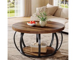 Tribesigns ronde Salontafel - Salontafel met Twee Niveaus en Opbergplanken - Bijzettafel Bruin - Tafel - Sidetable voor Woonkamer, Thuiskantoor - 80 x 80 x 45 cm