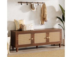 Tribesigns Schoenenbank met Opbergruimte – Halbank met Rotandeuren en Plank – 140x38x50cm - Houten Schoenenkast met Verborgen Opbergruimte en Zitplaats – Houten Schoenenopberger voor Slaapkamer, Hal - Bruin