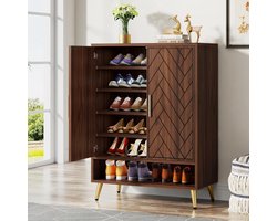 Tribesigns Schoenenkast – 6 Lagen Schoenenrek – 75x35x110cm - Schoenenkast met Deuren en Verstelbare Planken – Houten Schoenenopberger voor Entree, Woonkamer - Rustiek Walnoot