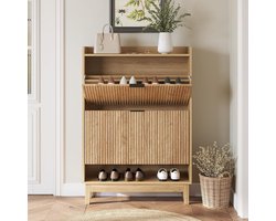 Tribesigns Schoenenkast – Schoenenrek met 2 Opklapbare Lades – 80x24x115cm - Verborgen Schoenenopbergruimte met Open Plank – Hout - Bruin