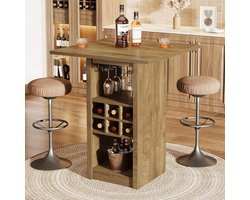 Tribesigns Vierkante Bartafel – Industriële Bartafel met 4 Etages – Wijnrek en Wijnglazenhouder – Ideaal voor Keuken, Woonkamer en Eetkamerrustiek – Bruin - 80×80×100cm