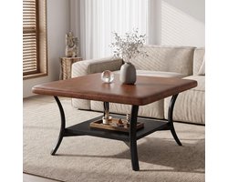 Tribesigns vierkante Salontafel - 80 x 80 x 50 cm - gestoffeerde poef van PU-leer - Salontafel met Opbergplank - whiskybruin en zwart - Tafel voor Woonkamer, Thuiskantoor