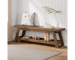 Tribesigns Zitbank met Opbergruimte - 140 x 35 x 45 cm - 2-laags Entreebank met schoenenopbergruimte - Houten Poten - Halbank - Donkerbruin