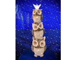 Trio uilen met kroontje grijs LED light 77 cm hoog - resin - winterfiguurtje - wintercollectie - eindejaarcollectie - decoratiefiguur - interieur - geschikt voor binnen - kerstcollectie - kerstdecoratie - kerstfiguur - cadeau- geschenk