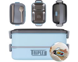 Triple J® Bento Box Lunchbox voor Volwassenen – Lunchbox 3 Compartimenten – Lekvrij Broodtrommel met Bestek – Magnetron/Vaatwasser/Vriezerbestendig Lichtblauw