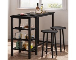 Triumpunpre - 3‑Delige Bar Eettafel Set Met 2 Krukken, Hoog Bistro Tafeltje - 3 Opbergplanken - Voor Kleine Keuken - Zwart Zandpaneel + Zwarte Buis