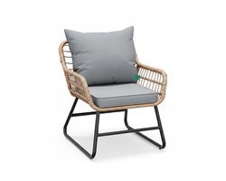 Triumpunpre 4-delige Tuinset Bistrosets - Rattan Buitenset met 2 Stoelen, 1 Bank & Salontafel - Incl. Grijze Kussens - Stevig IJzeren Frame - Weerbestendig Lounge Set voor Tuin, Terras, Balkon - Poly Rattan