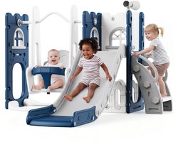 Triumpunpre 5-in-1 Kinder Glijbaan met Schommel voor Binnen en Buiten – Multifunctionele Peuter Speelgoed Set met Antislip Trap, Telescoop en Opbergruimte – Blauw Grijs – Geschikt voor Kind 1 tot 3 Jaar
