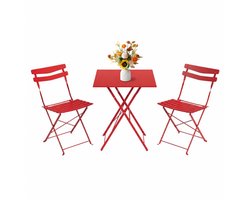 Triumpunpre Bistro Tuinset 3-Delig - Metalen Tuintafel met 2 Stoelen - Vierkant Balkonmeubilair voor Buiten - Rood Gecoat Staal - Weerbestendig - 93x59x75 cm