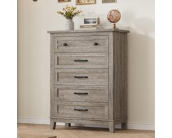 Triumpunpre Grijze commode met 5 lades, 105 cm hoog | Vrijstaande houten opbergkast met veel opbergruimte voor slaapkamer en woonkamer, 80 x 40 x 105 cm