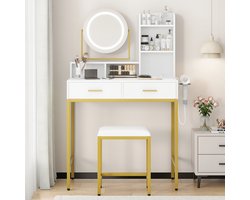 Triumpunpre - Kaptafel Make Up Tafel Inclusief Krukje - Met 360° draaibare LED Lampen 3 Lichtkleuren 2 USB - 2 laden en 5 opbergplanken föhnhouder - Wit + goud