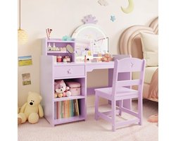 Triumpunpre - Kinderkaptafel met verlichte spiegel - tafel en stoel set 2-in-1 bureau voor meisjes met opbergplanken Paars