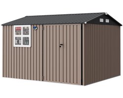 Triumpunpre Metalen Tuinhuis 298x250x196 cm XL met Ramen & Zonne-energie Verlichting - Waterdichte Gereedschapsschuur Bruin voor Tuin Garage Terras