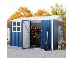 Triumpunpre Metalen Tuinhuis 301x238x194 cm met Dubbele Deuren & Raam – Gereedschapsschuur, Tuinberging & Opbergschuur voor Tuin, Fiets en Gereedschap – Weerbestendig met Zadeldak – Donkerblauw