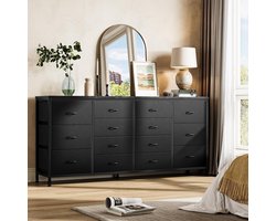 Triumpunpre - Moderne ladekast 14 lades in stof – TV-meubel geschikt voor TV tot 75 inch – Stalen frame – Met stopcontacten en USB-poorten – Zwart