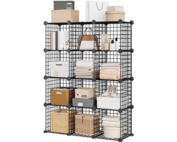 Triumpunpre Opbergrek 12 Vakken – Modulair Grid Rek, Stapelbaar & Ruimtebesparend – voor Schoenen, Kleding, Boeken & Accessoires – Slaapkamer, Hal & Kantoor – 94 x 32 x 125 cm – Zwart