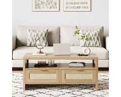 Triumpunpre - Rotan Salontafel Met 2 Lades En Open Plank - Mid‑Century Bijzettafel Voor Woonkamer - Bruin - 102 × 50 × 45 CM